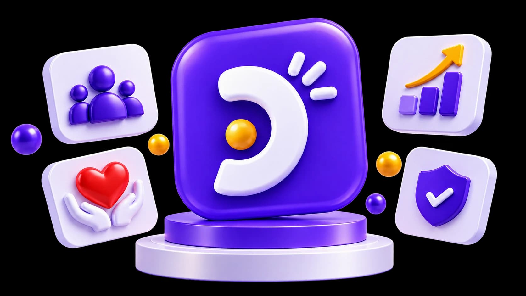 تصویر سه‌بعدی لوگوی رواج در کنار نمادهای جامعه، رشد، اعتماد و همراهی